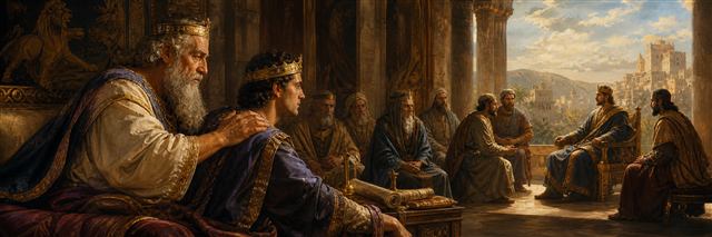 Elderly David placing a steadying hand on Solomon before royal advisers
